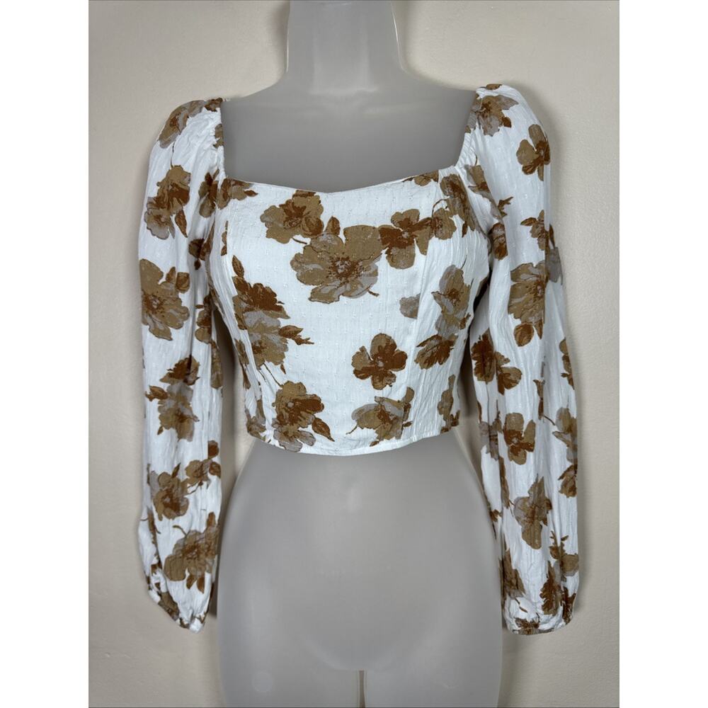 Altar’d State Womens Crop Top XS Bustier Floral Puff Sleeve Floral Cottage Boho